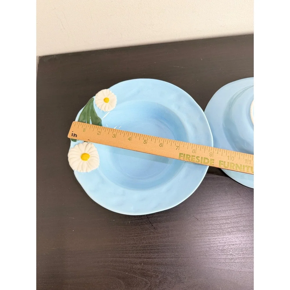 Anthropologie Blue Foster Daisy Ceramic Pasta Bowls Set of 2 Floral Boho 9in